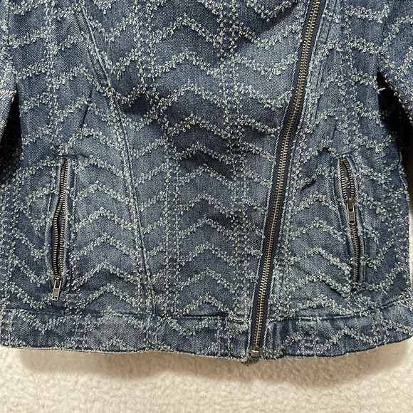 Free People Punched Denim Moto Jacket Herringbone Blue Jean Biker Women's Size 4 - Picture 6 of 14